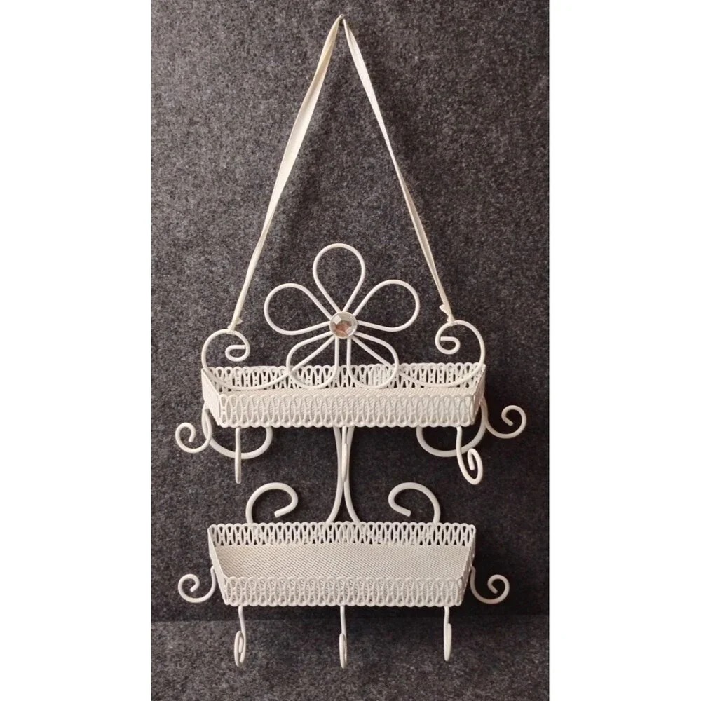Vintage White Metal 2 Tiered Jewelry Cosmetics Shelf w Scroll Floral Design